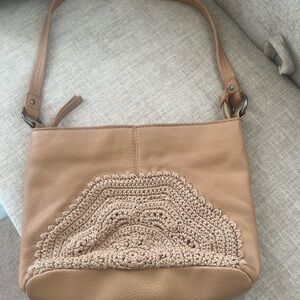 The Sak Tan Leather Shoulder Bag with Crochet Embroidery